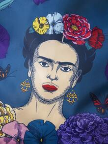Frida Kahlo X SHEIN 1件優雅花卉與人物印花聚酯纖維可折疊購物袋，附小收納袋與珠鏈掛飾托特包，藝術家墨西哥風格 Frida - 藍綠色 - 查看 6