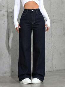 SHEIN PETITE 女款休閒百搭日常牛仔褲，附口袋與鈕扣設計 - 深色水洗藍 - 查看 7
