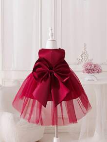 SHEIN Glamorique Kids 女嬰酒紅色薄紗3D花朵無袖洋裝，生日花童派對、婚禮公主風夏季保暖優雅造型 - 酒紅色 - 查看 2