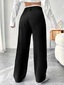 Elenzga Plus Size Contrast Color Waist Slant Pocket Casual Wide Leg Pants - Black - View 2