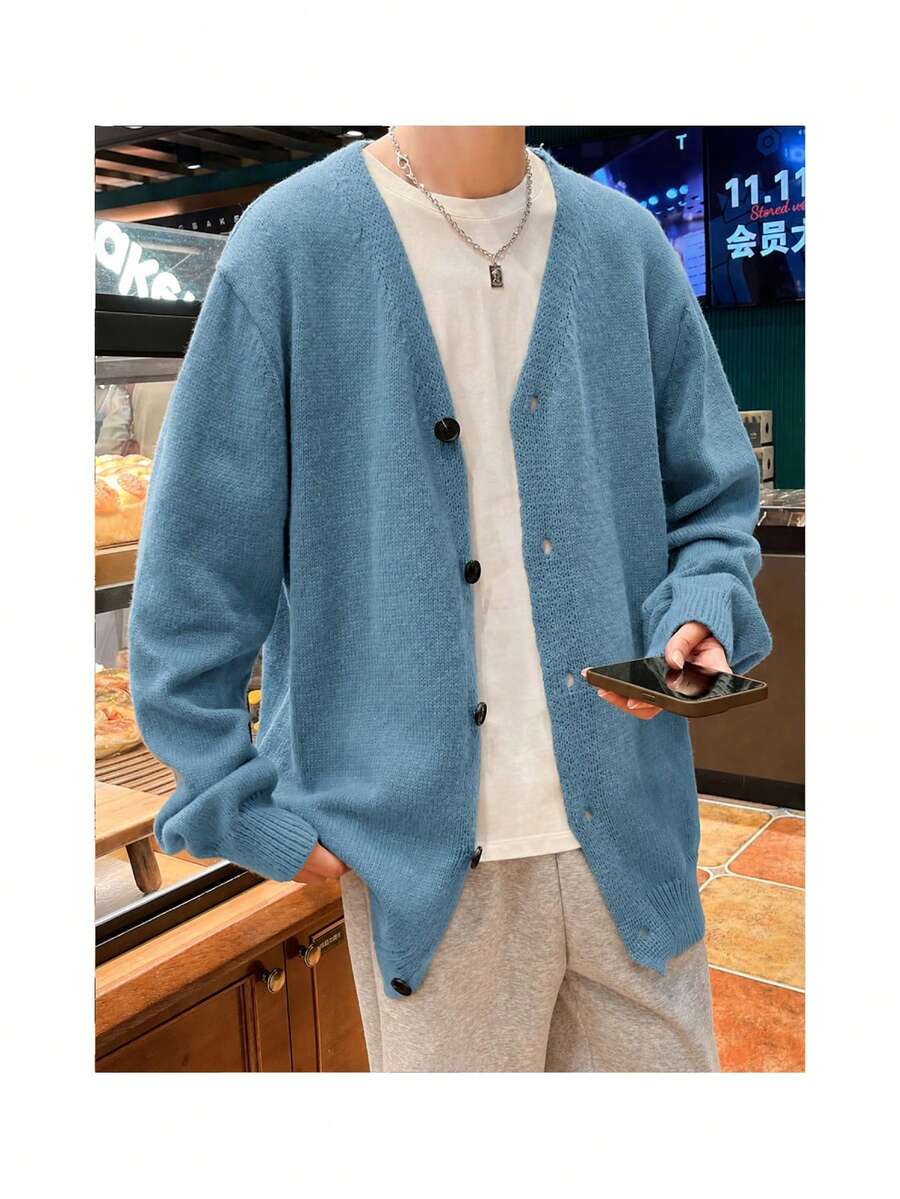 Manfinity Hypemode Men's Casual Versatile Solid Color Cardigan, Autumn/Winter - Baby Blue - View 1