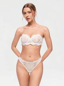 Bonmuse 2pcs White Lace Bandeau Bra Set, Delicate Lace Transparent & Sexy, Strapless Design Suitable For Bandeau Outfits, Sweet & Alluring, Suitable For Multiple Occasions And Groups, Underwire Style For Better Lift And Support - White - View 4