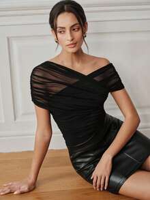 Anewsta Essential Summer Fall Winter Elegant Romantic Chic Sexy Special Date Night Out Party Halloween Wedding Elastic Mesh Ruched Cold Shoulder Women's Bodysuit Black - Black - View 5