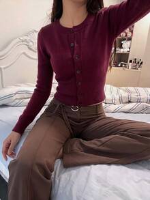 Autumina Women's Long Sleeve Sweet Casual Slim Fit Polar Fleece Cardigan - Burgundy - View 6