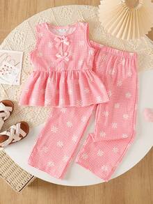 SHEIN Elladie kids 女童新款清新田園風精緻碎花兩件套，棕色蝴蝶結裝飾無袖背心上衣 + 同款碎花寬腿長褲，甜美可愛時尚日常穿搭，夏季 - 粉色 - 查看 3