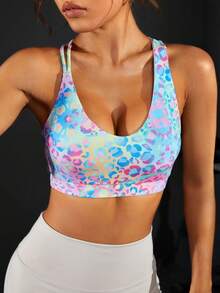 SHEIN Sujetador Deportivo Sin Espalda Con Estampado De Leopardo Y Tiras Cruzadas, Tops Deportivos Para Ejercicio - Multicolor - Ver 2