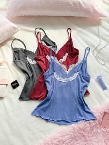Lullawish Women's Blended Colorful Yarn Comfortable Knit Lace Camisole Sleepwear Top 3pcs/Set - Multicolor - View 2