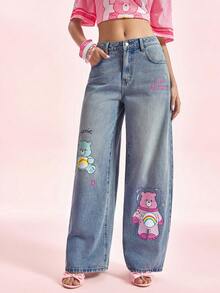 SHEIN X Care Bears 女款休閒日常牛仔褲，附口袋、鈕扣與卡通圖案 - 藍色 - 查看 1