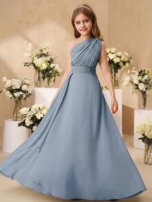 SHEIN Elegantes BlumenTween Mädchen-Kleid für Tween Mädchen zur Hochzeit, gerüschter Chiffon-Schal, wadenlang, formelles Abendkleid im Prinzessinnenstil für Tween Mädchen, für Herbst und Winter - Blau - Übersicht 3