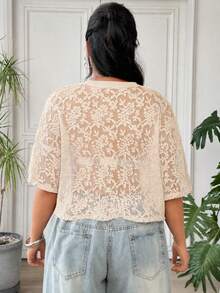 SHEIN EZwear 大尺碼女款法式浪漫風蕾絲透視T恤 - 白色 - 查看 2