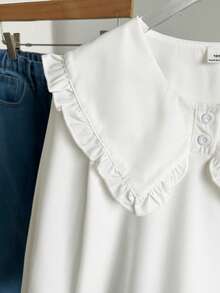 Tween Girl Solid Color Pleated Casual Versatile Daily Wear Shirt - White - View 4