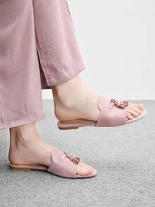 CUCCOO BIZCHIC 女款淺粉色麂皮質感經典平底拖鞋，舒適百搭，適合夏季通勤與辦公穿著 - 粉色2 - 查看 5
