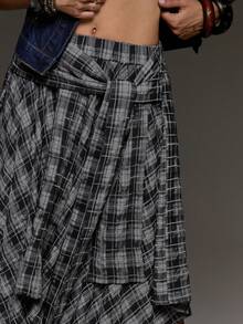 BAD SUNDAY Four Seasons Women's Plaid Lace-Up Mid-Length Skirt, Versatile Retro Y2K Millennium Style For Outings - Blue - View 5