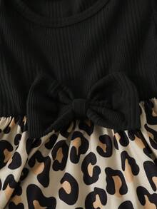 SHEIN Playful Pals 女嬰休閒豹紋圖案不對稱毛絨長袖羅紋洋裝，秋季 - 黑色 - 查看 8