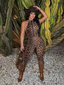 SHEIN SXY Sexy Leopard Print Backless Halter Neck Zipper Tight Jumpsuit - Multicolor - View 4