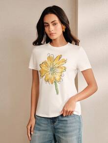 Anewsta Floral Print Casual Romantic Round Neck Short Sleeve T-Shirt Everyday White Summer - White - View 3