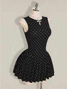 SHEIN ICON 女款夏季休閒復古可愛黑白波點印花無袖迷你洋裝，適合派對、夜出與日常穿著 - 黑色 - 查看 7
