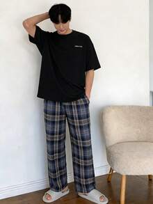 DAZY 男士字母印花T恤和格子裤睡衣套装，春夏款 - 彩色 - 查看 3