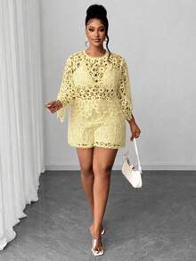 Maweii 大尺碼女款鏤空設計高腰時尚短褲 - 淡黃色 - 查看 4
