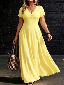 Breezaya Women's Plus Size Wavy Collar Fashion Commute Long Dress - Yellow - View 7