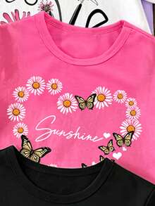 (Patrón aleatorio, 2 sets aleatorios) Conjunto de camiseta corta básica y pantalones cortos para niñas, diseño creativo fresco de verano con estampado floral colorido, corazón hueco y estampado de leopardo, cómodo para uso diario - Multicolor - Ver 5