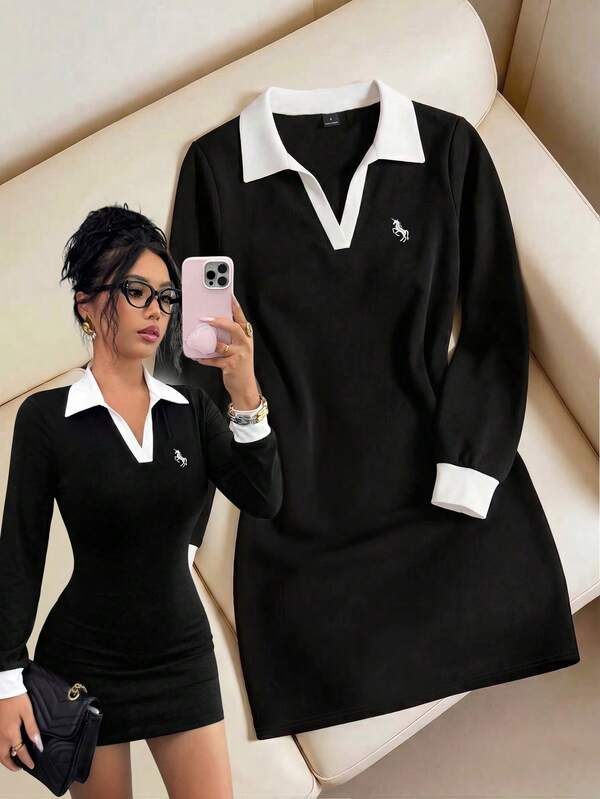 Qadelle Women's Black & White Contrast Polo Collar Long Sleeve Dress, Fashionable Elegant Embroidered Lapel Waist-Cinching Slimming Little Black Dress, Suitable For Daily Commute, Friends Date, Party Wear