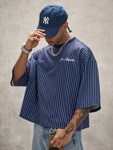 PAVTROS Men's Striped Letter Print Drop Shoulder Loose Fit T-Shirt - Multicolor - View 5