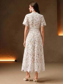 Anewsta Women's Heavy Embellished Hollow Lace Design Daily Date Evening Dress - White - View 7