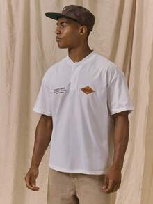 Musero Relaxed Fit Short Sleeve Tshirt  Crew Neck Button Detail Center Front Placket Spring Summer Essentials - White - View 2