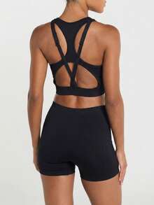 11SKNDS Sports Bra With Racerback Design Adjustable Straps Cross Back Cutout Detail High Impact Seamless Supportive Bra With Sweat-Wicking, Stretchy, Breathable, Buttery-Soft & Removable Cups, For Gym Workout Fitness Pilates Studio, Running, Training & Hy-Rox - Black - View 5