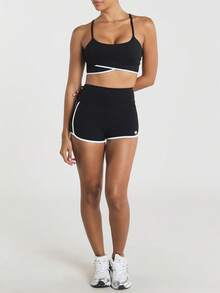 11SKNDS High Waist Athletic Running Shorts With Contrast White Piping Detail And Sporty Dolphin Hem Slim Fit Booty Shorts For Training Gym And Summer Workouts - Black and White - View 3