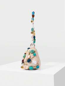 MOTF LADIES FASHION COLORED STONE + BEIGE STRAW BAG, EXQUISITE VACATION DESIGN SHOULDER BAG, SUITABLE FOR DAILY, PARTY, PARTY, VACATION, BEACH, SEASIDE - Beige - View 4