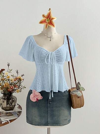 Elamini French Style Minimalist Cute Sexy Baby Blue Knit Jacquard Drawstring V-Neck Short Sleeve Slim Fit Flattering Casual Versatile Women's Top Vacation