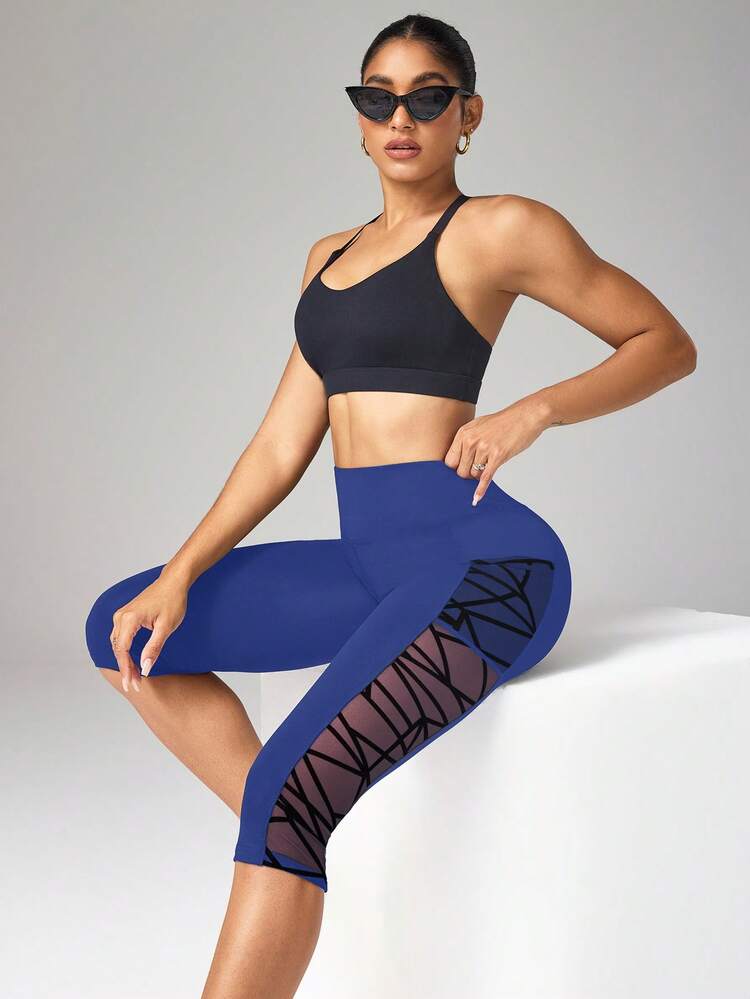 Easithlete Easithlete 7/8 Length Mesh Pocket Patchwork Yoga Sports Leggings - Royal Blue - View 6