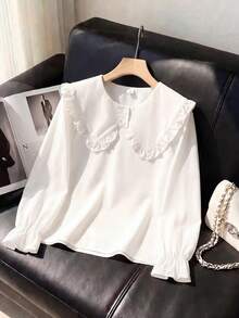 Tween Girl Solid Color Pleated Casual Versatile Daily Wear Shirt - White - View 1