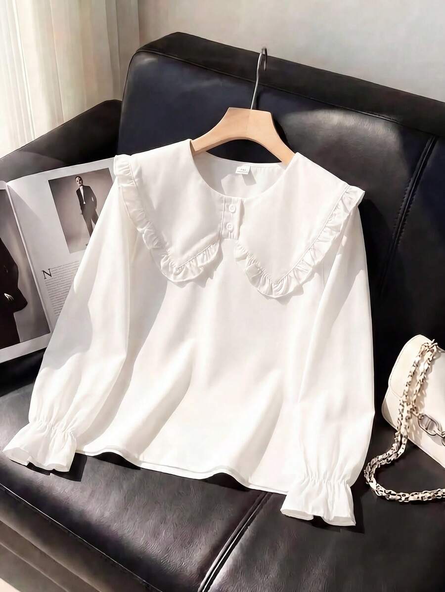 Tween Girl Solid Color Pleated Casual Versatile Daily Wear Shirt - White - View 1