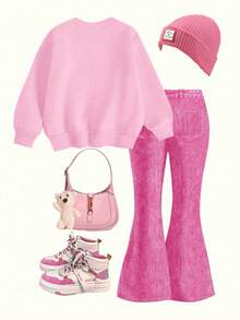 SHEIN 2pcs/Set Valentine's Day Heart Pattern Young Girl's Casual Loose Round Neck Long Sleeve Sweatshirt And Flared Pants Set - Multicolor - View 2
