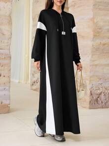 Al Najma Gaun Sweatshirt Berkerudung Longgar, Blok Warna Hitam & Putih, Bahu Jatuh, Menonjol dan Memperindah, Gaun Panjang Selutut - MultiWarna - View 6