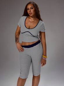 Rustia Damen Große Größen 2-teiliges Set, Strandurlaub minimalistisch lässig Street Sweet gestreift strukturiert Farbblock Kurzarm Top und 3/4 Hose, eleganter neuer Stil - Schwarz und Weiss - Übersicht 3