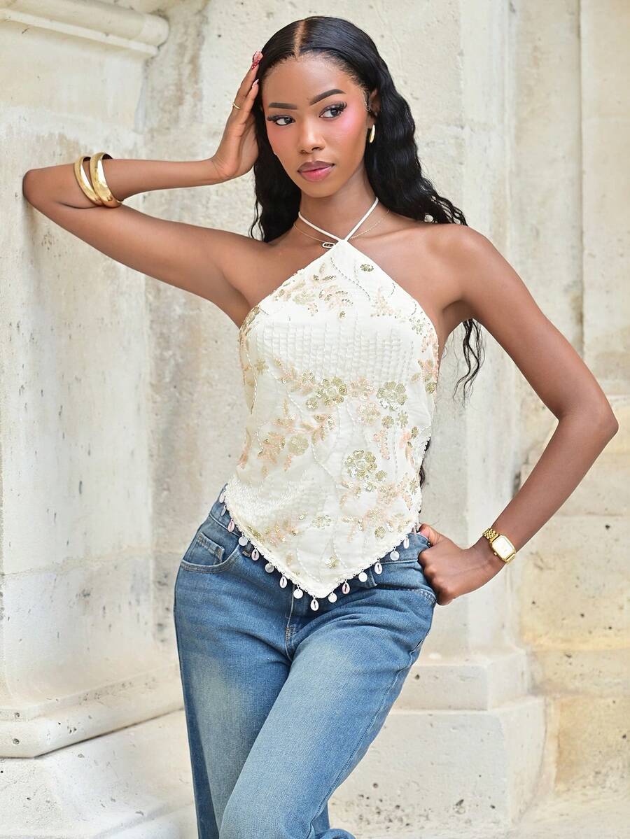 Mima John Women's Sexy Sequin Embroidered Backless Halter Top For Vacation Suitable For Beach Vacation, Casual, Holiday , Going Out, Party, Spring Summer, Festival, Elegant Party , Beach Vacation, Wedding Guest Sets, Formal Graduation, Work For Women - Apricot - View 1