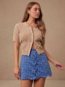WESTFADE Scalloped Button Front Tonal Gingham Plaid Denim Mini Skirt, Autumn, Fall, Female Country Look, Cowgirl, Rodeo, Concert, Back To School - Blue - View 3