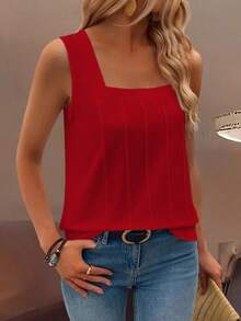 Zayélia Summer New Sleeveless Wide Strap Square Neck Loose Fit Slimming Women's Tank Top - Red - View 7
