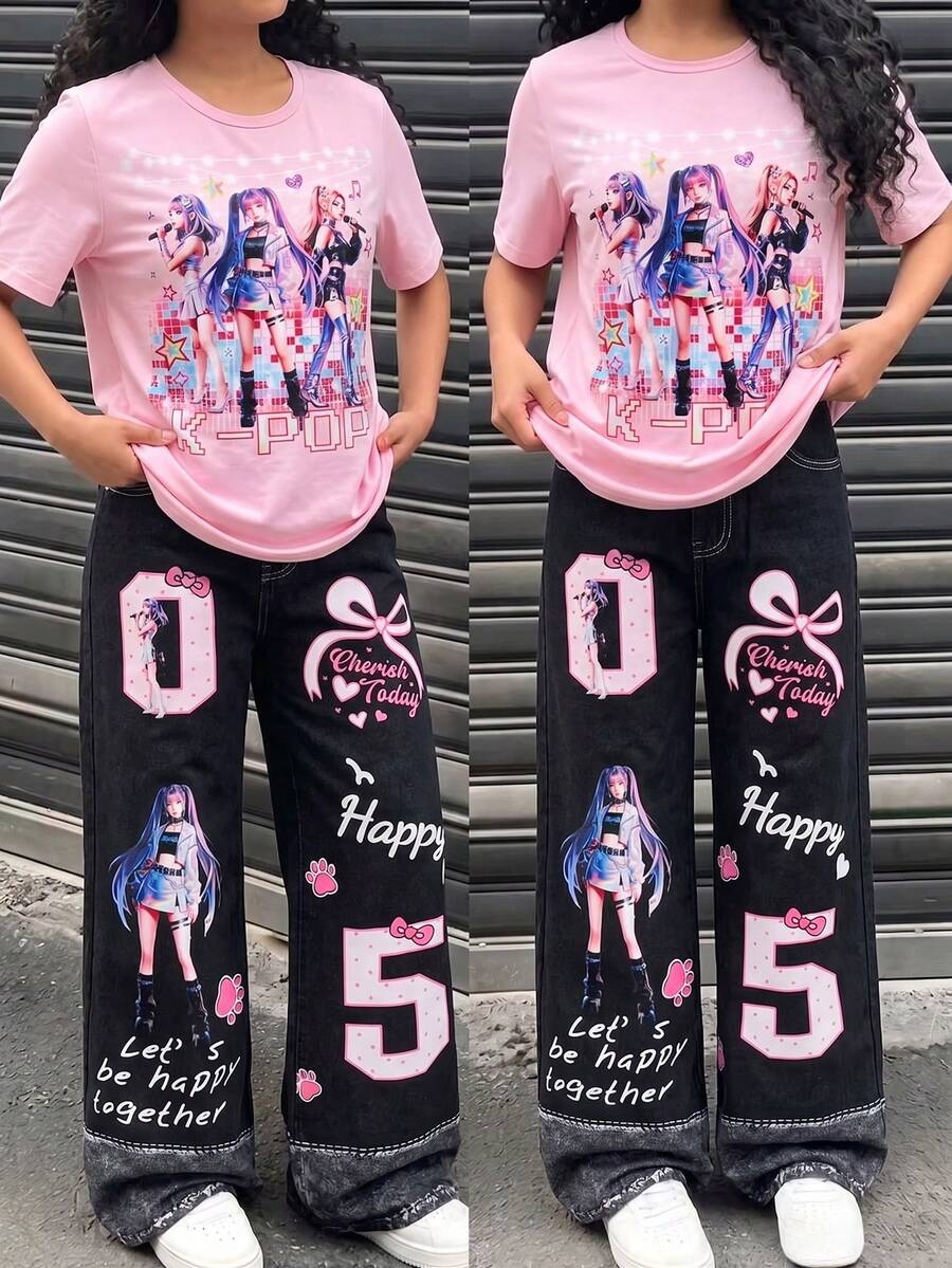 Genkimix Kids 女孩T恤套裝,女團風穿搭,淺粉色短袖上衣搭配甜酷女孩印花,鮮豔吸睛。寬腿長褲配獨特可愛圖案印花,充滿街頭風。甜酷碰撞,輕鬆捕捉夏季活力氛圍,適合外出與上學,隨處吸睛。 - 彩色 - 查看 1