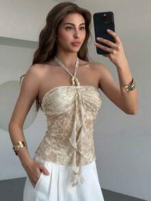 Aloruh Women's Summer Beach Vacation Style Leopard Print Ruched Bust Knot Halter Top - Apricot - View 3