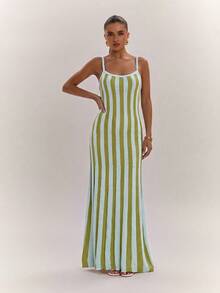 SHEIN BAE Rochie cami bodycon elastică pentru femei, stil matur, cu efect de lașiere, talie evazată, rochie de bază tricotată, versatilă pentru uz zilnic casual și navetă - Multicolor - Vizualizare 8