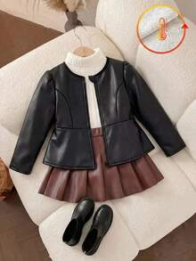 SHEIN Baby Girl Cute Versatile Black Thermal Lined Jacket Coat For Autumn/Winter - Black - View 7