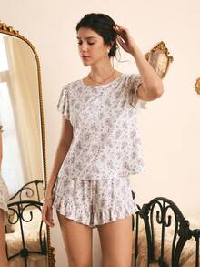 Côtesoire French Romantic Elegant Floral Print Ruffle Trim Patchwork Women's Pajama Set - Multicolor - View 1