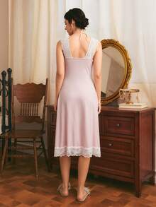 Côtesoire French Elegant Romantic Lace Patchwork Bow Decor Slim Fit Long Women's Nightgown For Wedding And Home - Baby Pink - View 2