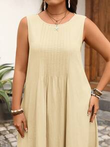 Rosumi Women's Plus Size Patchwork Vacation Casual Sleeveless Pullover Maxi Dress - Khaki - View 4