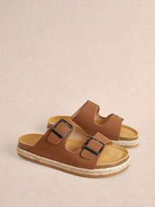 Rosivie A Pair Of Women's New Round Toe Thick-Soled Flat-Soled Sandals, Belt Buckle Decoration, Real Hemp Rope, Straw Bottom, Open-Toed Fashion Sandals - Brown - View 3